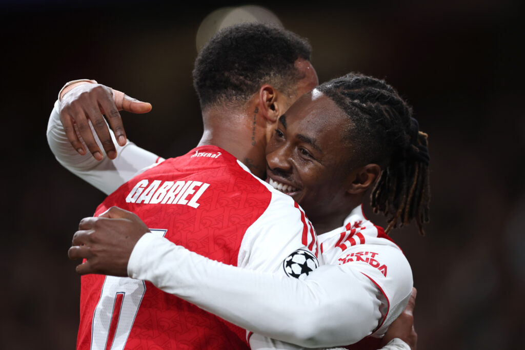 Gyökeres at the double as Arsenal crush Atletico in Champions League 4 LONDON, ENGLAND - OCTOBER 21: Gabriel of Arsenal celebrates scoring his team's first goal with teammate Eberechi Eze during the UEFA Champions League 2025/26 League Phase MD3 match between Arsenal FC and Atletico de Madrid at Arsenal Stadium on October 21, 2025 in London, England. (Photo by Alex Pantling/Getty Images)