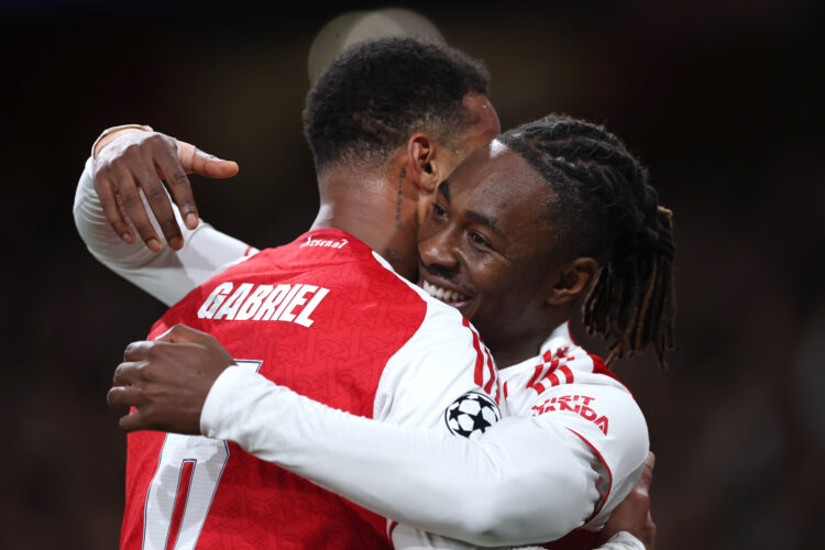 LONDON, ENGLAND - OCTOBER 21: Gabriel of Arsenal celebrates scoring his team's first goal with teammate Eberechi Eze during the UEFA Champions Leag...