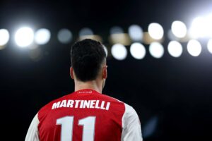 LONDON, ENGLAND - OCTOBER 21: Gabriel Martinelli of Arsenal during the UEFA Champions League 2025/26 League Phase MD3 match between Arsenal FC and Atletico de Madrid at Arsenal Stadium on October 21, 2025 in London, England. (Photo by Alex Pantling/Getty Images)