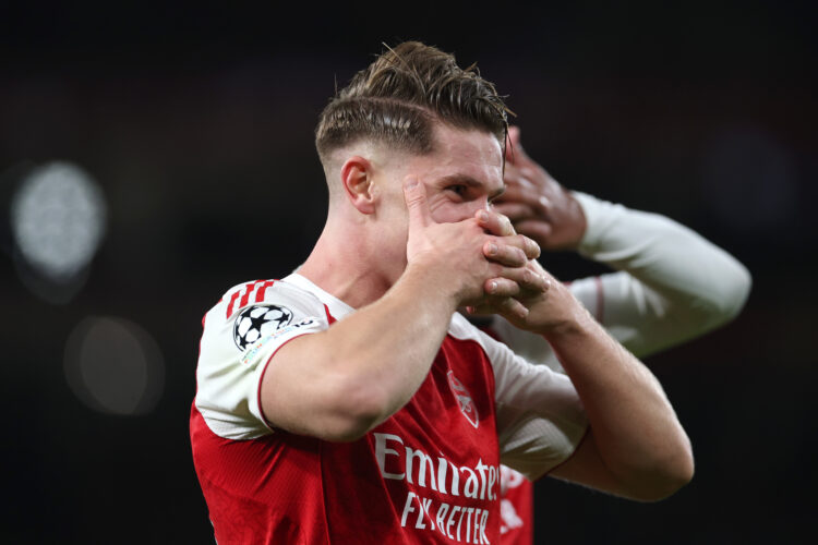 LONDON, ENGLAND - OCTOBER 21: Viktor Gyoekeres of Arsenal celebrates scoring his team's third goal during the UEFA Champions League 2025/26 League ...