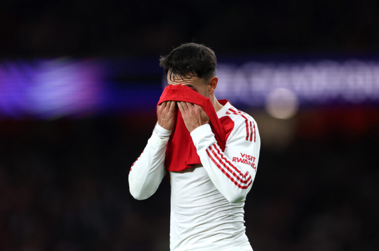 LONDON, ENGLAND - OCTOBER 21: Martin Zubimendi of Arsenal wipes his face with his shirt during the UEFA Champions League 2025/26 League Phase MD3 m...