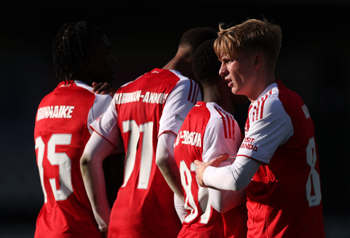 BOREHAMWOOD, ENGLAND - OCTOBER 21: Callan Hamill of Arsenal lines up a wall during the UEFA Youth League 2025/26 between Arsenal FC and Atletico de...