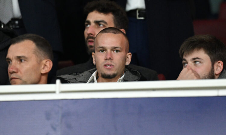 LONDON, ENGLAND - OCTOBER 22: Mykhailo Mudryk of Chelsea FC looks on from the stands during the UEFA Champions League 2024/25 League Phase MD3 matc...