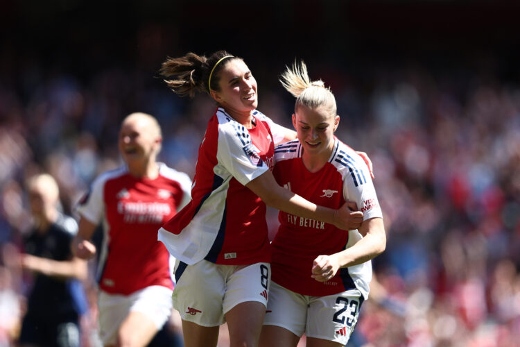 LONDON, ENGLAND - MAY 10: Mariona Caldentey of Arsenal celebrates with teammate Alessia Russo after scoring her team's second goal from the penalty...