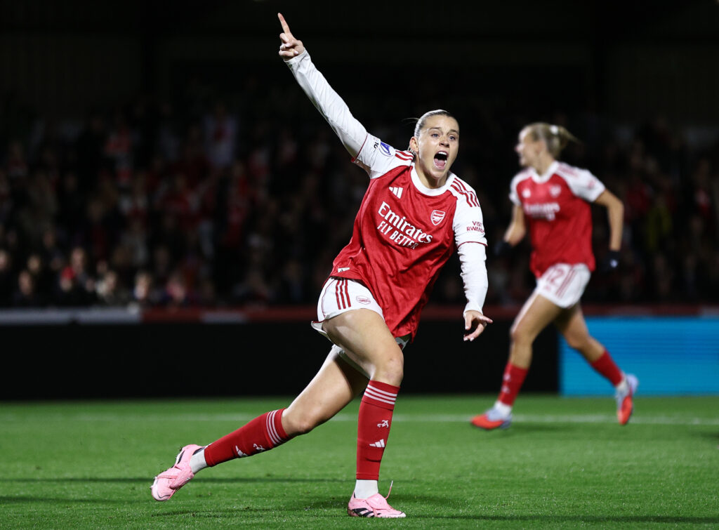 BOREHAMWOOD, ENGLAND - OCTOBER 07: Alessia Russo of Arsenal celebrates scoring her team's first goal during the UEFA Women's Champions League 2025/26 league phase match between Arsenal FC and OL Lyonnesat Meadow Park on October 07, 2025 in Borehamwood, England. (Photo by James Fearn/Getty Images)