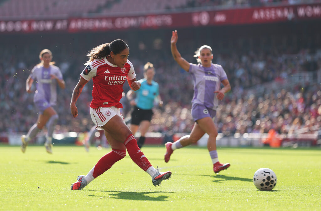 Arsenal women report so far: Not good enough 3 LONDON, ENGLAND - OCTOBER 12: Olivia Smith of Arsenal crosses the ball before Marisa Olislagers of Brighton & Hove Albion (not pictured) scores an own-goal and Arsenal's first goal during the Barclays Women's Super League match between Arsenal and Brighton & Hove Albion at Emirates Stadium on October 12, 2025 in London, England. (Photo by Alex Pantling/Getty Images)