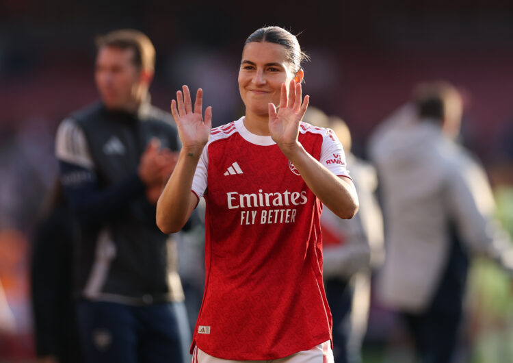 LONDON, ENGLAND - OCTOBER 12: Steph Catley of Arsenal acknowledges the fans after the team's victory in the Barclays Women's Super League match bet...