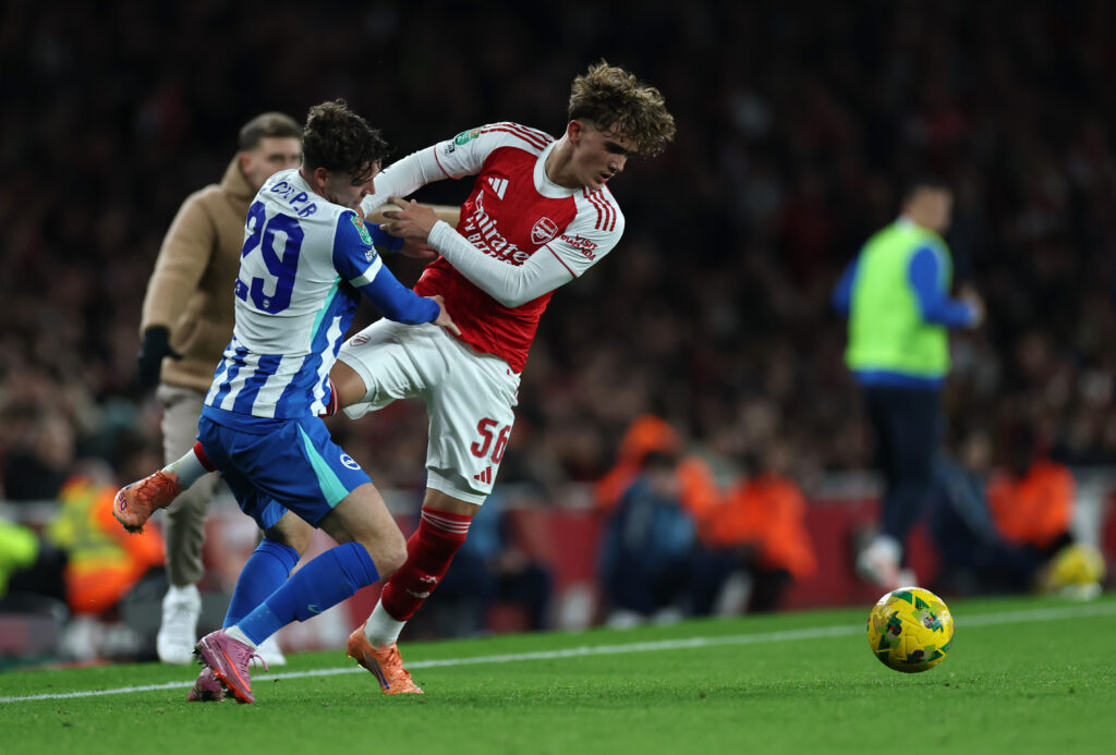 Arsenal kids dispatch Brighton to set up Palace quarter-final 3 LONDON, ENGLAND - OCTOBER 29: Max Dowman of Arsenal is challenged by Maxim De Cuyper of Brighton & Hove Albion during the Carabao Cup Fourth Round match between Arsenal and Brighton & Hove Albion at Emirates Stadium on October 29, 2025 in London, England. (Photo by Eddie Keogh/Getty Images)
