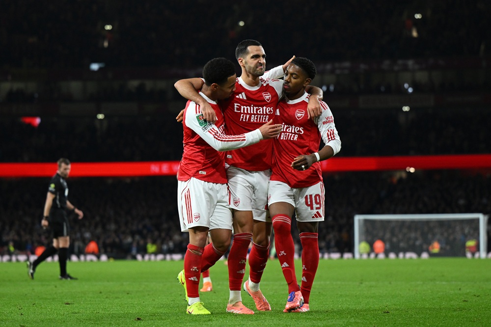 Nwaneri praises connection with Arsenal teammate after Brighton goal 3 LONDON, ENGLAND: Ethan Nwaneri of Arsenal celebrates scoring his team's first goal with teammates Mikel Merino and Myles Lewis-Skelly during the Carabao Cup Fourth Round match between Arsenal and Brighton & Hove Albion at Emirates Stadium on October 29, 2025. (Photo by Shaun Botterill/Getty Images)