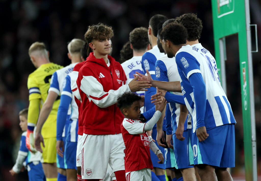 Arsenal kids dispatch Brighton to set up Palace quarter-final 2 LONDON, ENGLAND - OCTOBER 29: Max Dowman of Arsenal shakes hands with Georginio Rutter of Brighton & Hove Albion prior to the Carabao Cup Fourth Round match between Arsenal and Brighton & Hove Albion at Emirates Stadium on October 29, 2025 in London, England. (Photo by Eddie Keogh/Getty Images)