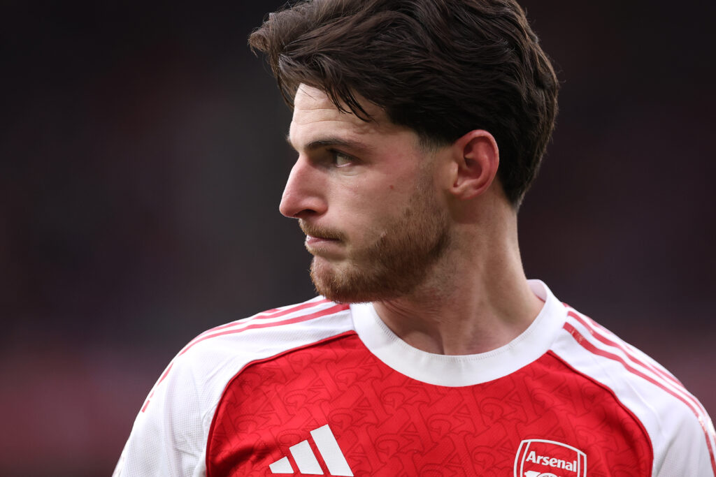 Saka, Timber, Rice: Arsenal contract extension negotiation latest 4 LONDON, ENGLAND - OCTOBER 26: Declan Rice of Arsenal during the Premier League match between Arsenal and Crystal Palace at Emirates Stadium on October 26, 2025 in London, England. (Photo by Alex Pantling/Getty Images)