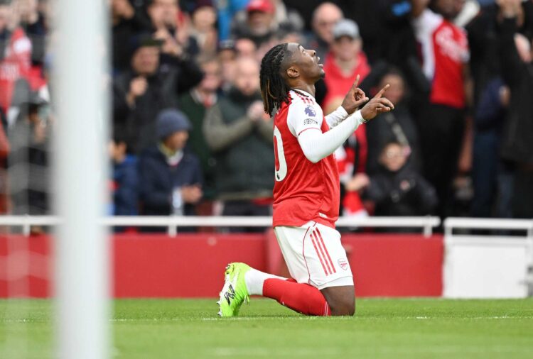 LONDON, ENGLAND - OCTOBER 26: Eberechi Eze of Arsenal celebrates scoring his team's first goal during the Premier League match between Arsenal and ...