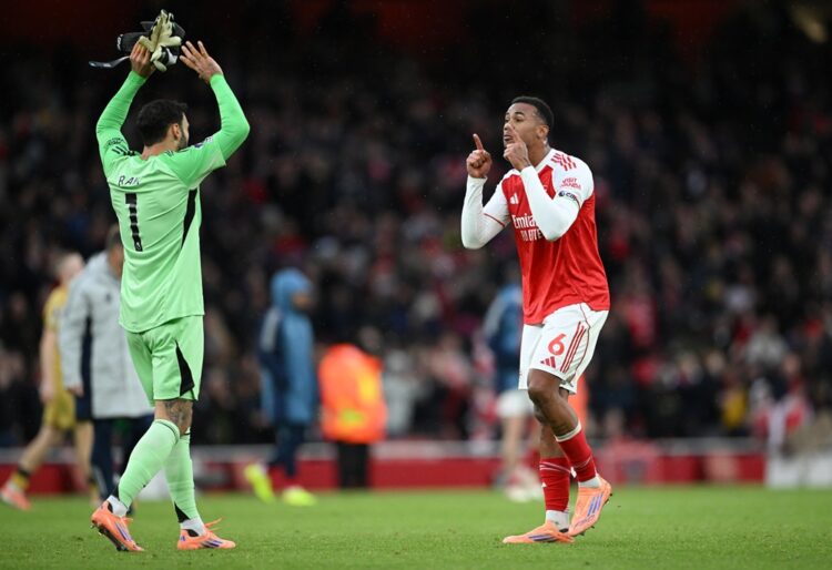 LONDON, ENGLAND: Gabriel and David Raya of Arsenal celebrate after the team's victory in the Premier League match between Arsenal and Crystal Palac...