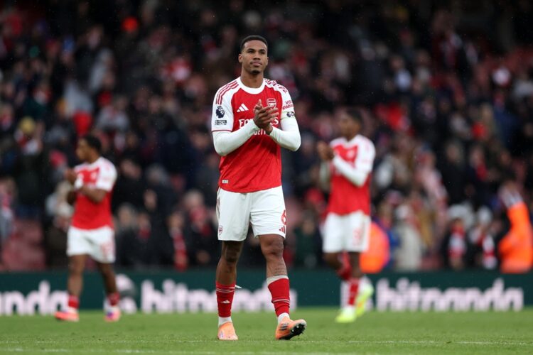 LONDON, ENGLAND: Gabriel of Arsenal applauds the fans after the team's victory in the Premier League match between Arsenal and Crystal Palace at Em...