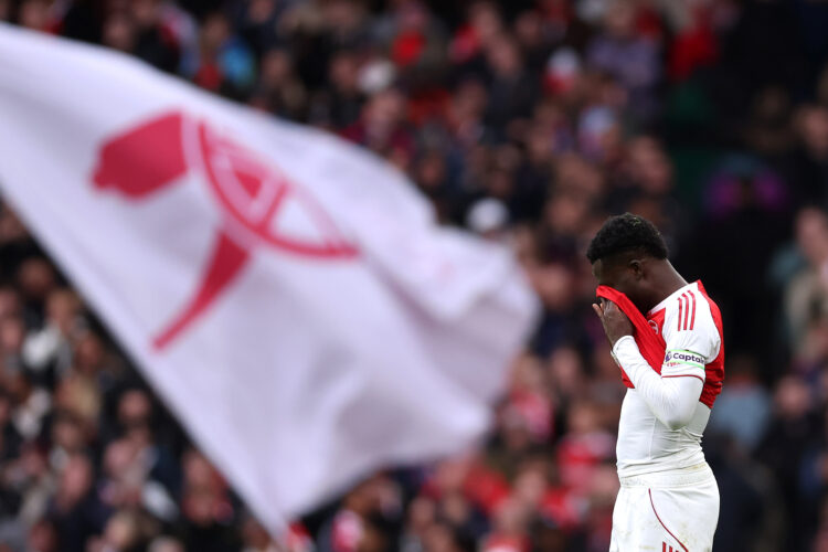 LONDON, ENGLAND - OCTOBER 26: Bukayo Saka of Arsenal reacts during the Premier League match between Arsenal and Crystal Palace at Emirates Stadium ...