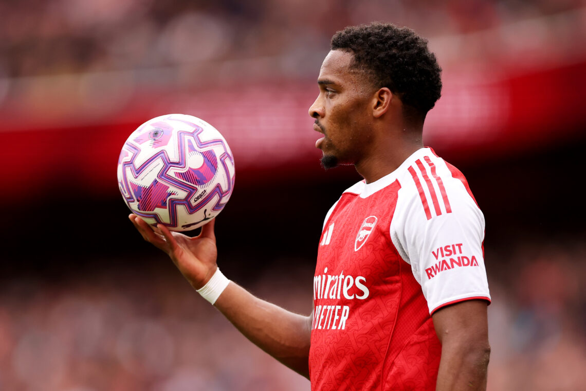 LONDON, ENGLAND - SEPTEMBER 13: Jurrien Timber of Arsenal FC prepares to throw the ball in during the Premier League match between Arsenal and Nott...