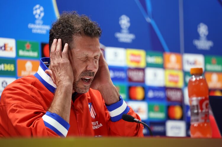 LONDON, ENGLAND: Diego Simeone, Head Coach of Atletico de Madrid speaks to the media during a press conference at Arsenal Stadium on October 20, 20...
