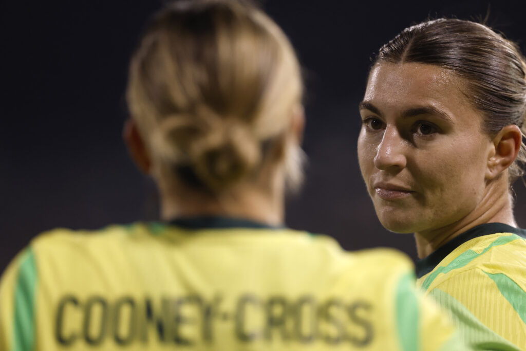 CANBERRA, AUSTRALIA - JUNE 02: Steph Catley of Australia talks to Kyra Cooney-Cross of Australiaduring the International Friendly match between Australia Matildas and Argentina at GIO Stadium on June 02, 2025 in Canberra, Australia. (Photo by Darrian Traynor/Getty Images)