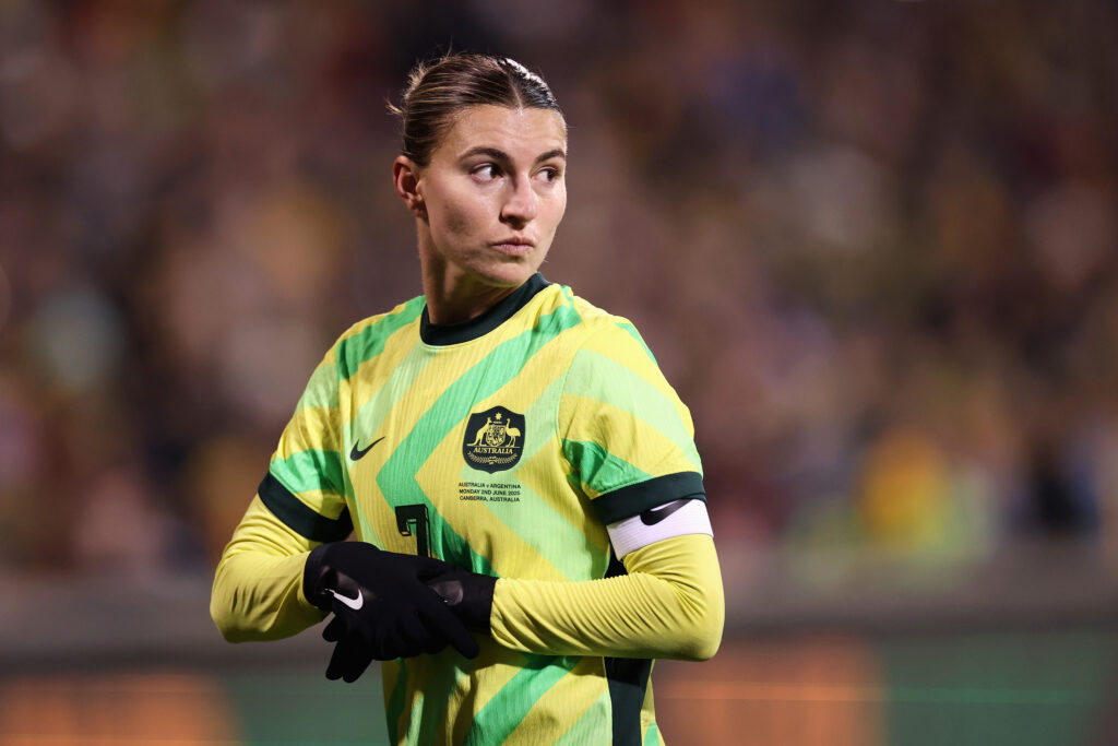 CANBERRA, AUSTRALIA - JUNE 02: Steph Catley of the Matildas looks on during the International Friendly match between Australia Matildas and Argentina at GIO Stadium on June 02, 2025 in Canberra, Australia. (Photo by Cameron Spencer/Getty Images)