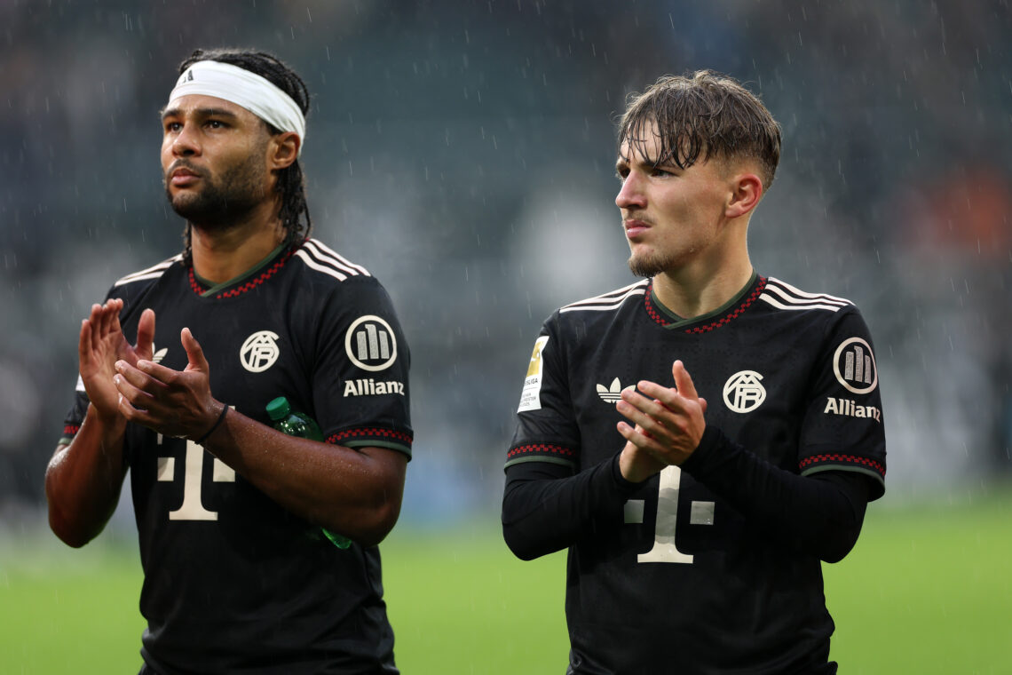 Bayern receive double injury boost ahead of Arsenal clash 1 MOENCHENGLADBACH, GERMANY - OCTOBER 25: Serge Gnabry and Lennart Karl of Bayern Munich applaud the fans following the team's victory during the Bun...