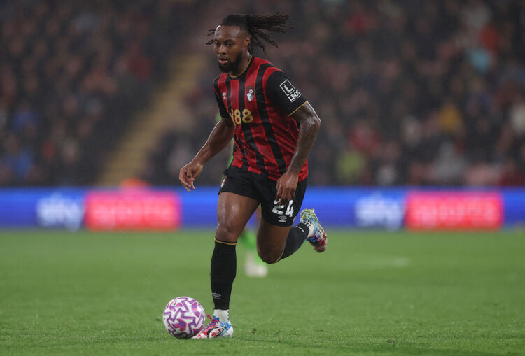 BOURNEMOUTH, ENGLAND: Antoine Semenyo of AFC Bournemouth controls the ball during the Premier League match between Bournemouth and Fulham at Vitali...