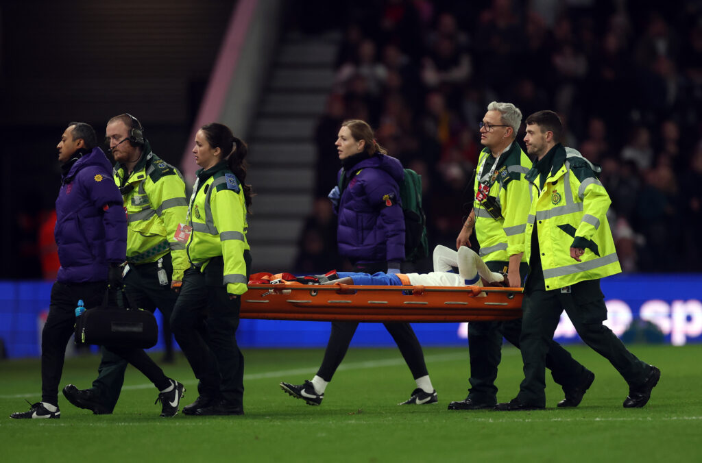 Michelle Agyemang stretchered off with knee injury 4 DERBY, ENGLAND - OCTOBER 28: Michelle Agyemang of England leaves the pitch on a stretcher during the Women's International Friendly match between England and Australia at Pride Park on October 28, 2025 in Derby, England. (Photo by Carl Recine/Getty Images)