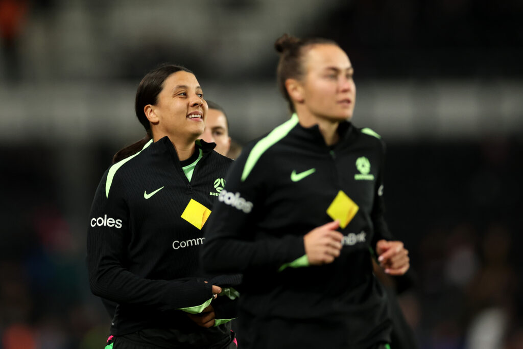 DERBY, ENGLAND - OCTOBER 28: Samantha Kerr of Australia warms up prior to the Women's International Friendly match between England and Australia at Pride Park on October 28, 2025 in Derby, England. (Photo by Naomi Baker/Getty Images)