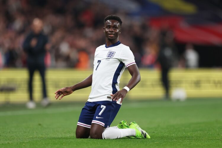 LONDON, ENGLAND: Bukayo Saka of England celebrates scoring his team's third goal during the International Friendly between England and Wales at Wem...