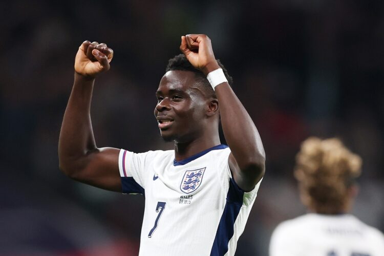 LONDON, ENGLAND: Bukayo Saka of England scores his team's third goal during the International Friendly between England and Wales at Wembley Stadium...