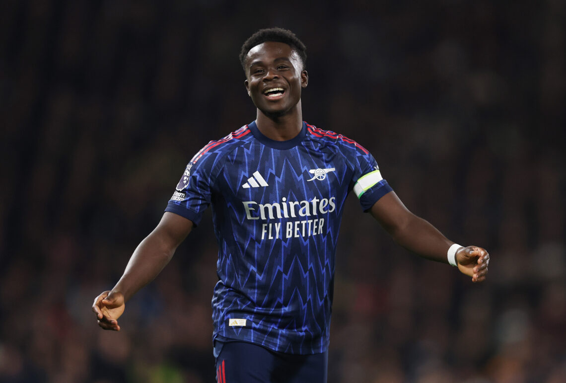 LONDON, ENGLAND - OCTOBER 18: Bukayo Saka of Arsenal celebrates victory after the Premier League match between Fulham and Arsenal at Craven Cottage...