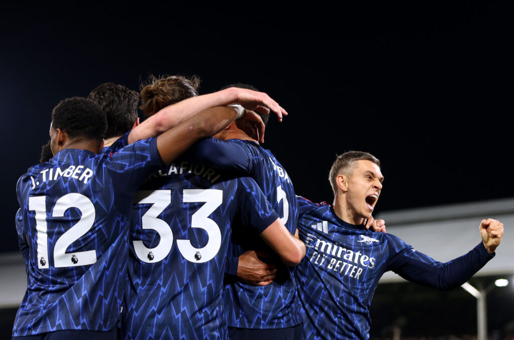 Arsenal grind out three points at Fulham as VAR interferes again 3 LONDON, ENGLAND - OCTOBER 18: Leandro Trossard of Arsenal celebrates scoring his team's first goal with teammates during the Premier League match between Fulham and Arsenal at Craven Cottage on October 18, 2025 in London, England. (Photo by Alex Pantling/Getty Images)