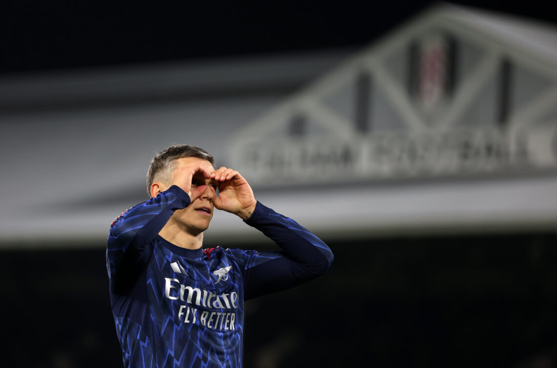 LONDON, ENGLAND - OCTOBER 18: Leandro Trossard of Arsenal celebrates scoring his team's first goal during the Premier League match between Fulham a...