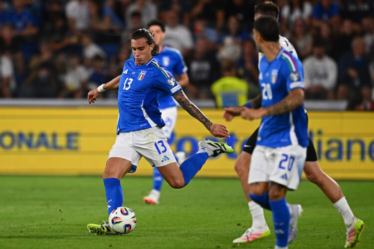 BERGAMO, ITALY: Riccardo Calafiori of Italy in action during the FIFA World Cup 2026 qualifier match between Italy and Estonia at Stadio di Bergamo...