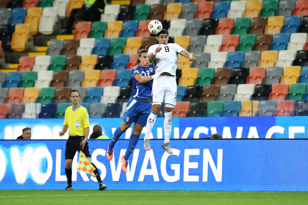 Calafiori plays 180 minutes as Italy near World Cup qualification 2 UDINE, ITALY: Anan Khalaili of Israel wins a header from Riccardo Calafiori of Italy during the FIFA World Cup 2026 qualifier match between Italy and Israel at Stadio Friuli on October 14, 2025. (Photo by Marco Luzzani/Getty Images)