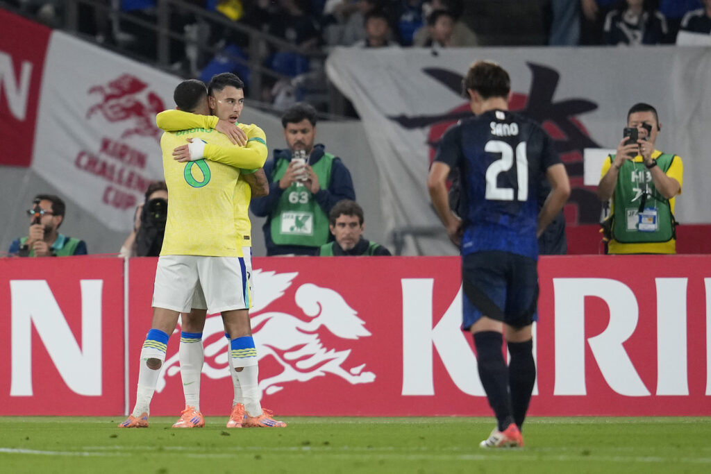 Arsenal stadium to host Brazil friendly 3 CHOFU, JAPAN - OCTOBER 14: Gabriel Martinelli of Brazil (2nd) celebrates with Bruno Guimaraes (1st L) after scoring the team's second goal during the international friendly match between Japan and Brazil at Tokyo Stadium on October 14, 2025 in Chofu, Tokyo, Japan. (Photo by Toru Hanai/Getty Images)