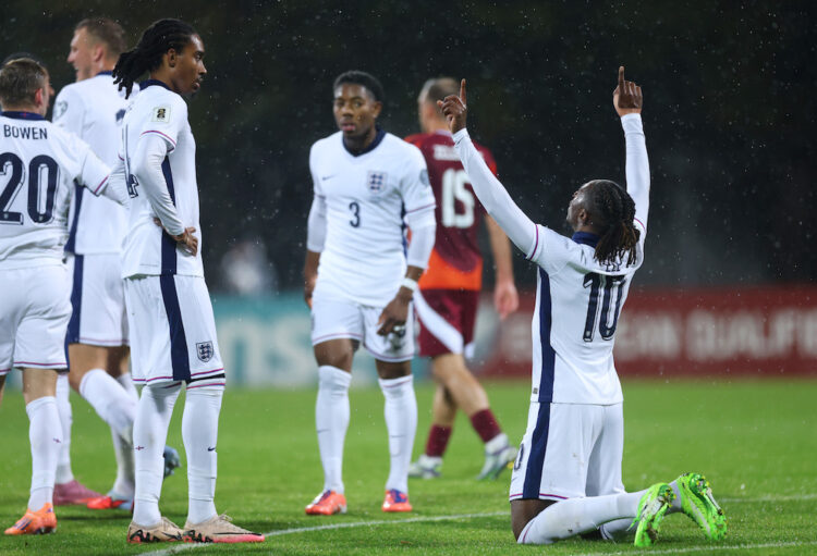 RIGA, LATVIA: Eberechi Eze of England celebrates scoring his team's fifth goal during the FIFA World Cup 2026 qualifier match between Latvia and En...