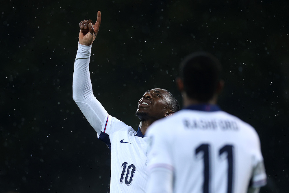 Arsenal internationals' goal & assist help confirm World Cup qualification 4 RIGA, LATVIA: Eberechi Eze of England celebrates scoring his team's fifth goal during the FIFA World Cup 2026 qualifier match between Latvia and England at Daugava Stadium on October 14, 2025. (Photo by Carl Recine/Getty Images)