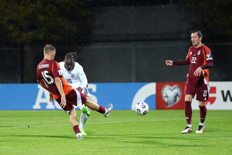 RIGA, LATVIA: Eberechi Eze of England scores his team's fifth goal during the FIFA World Cup 2026 qualifier match between Latvia and England at Dau...