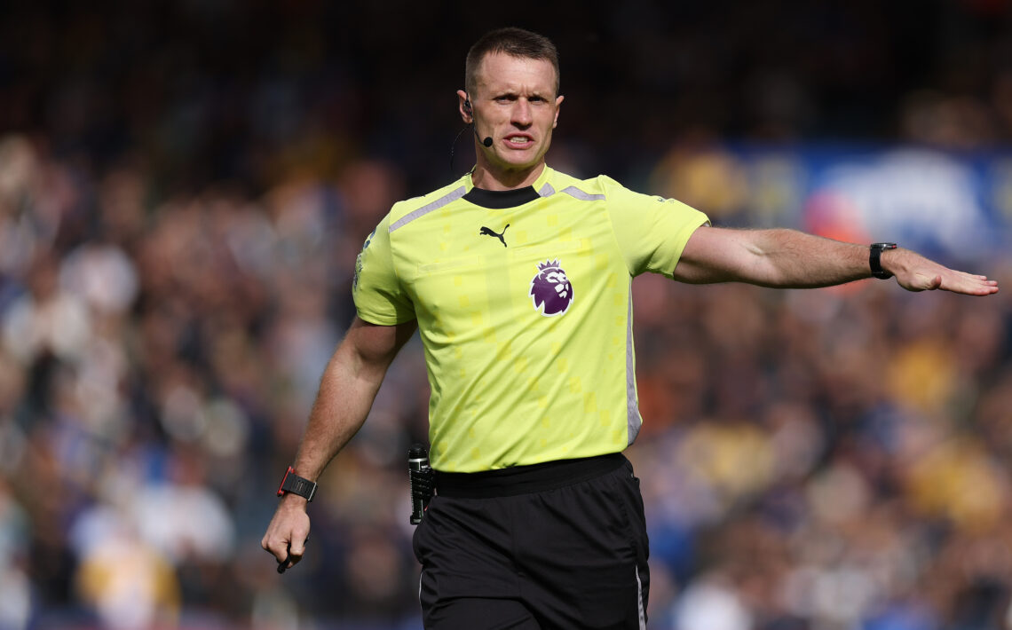 LEEDS, ENGLAND - OCTOBER 04: Referee Thomas Bramall makes a decision during the Premier League match between Leeds United and Tottenham Hotspur at ...