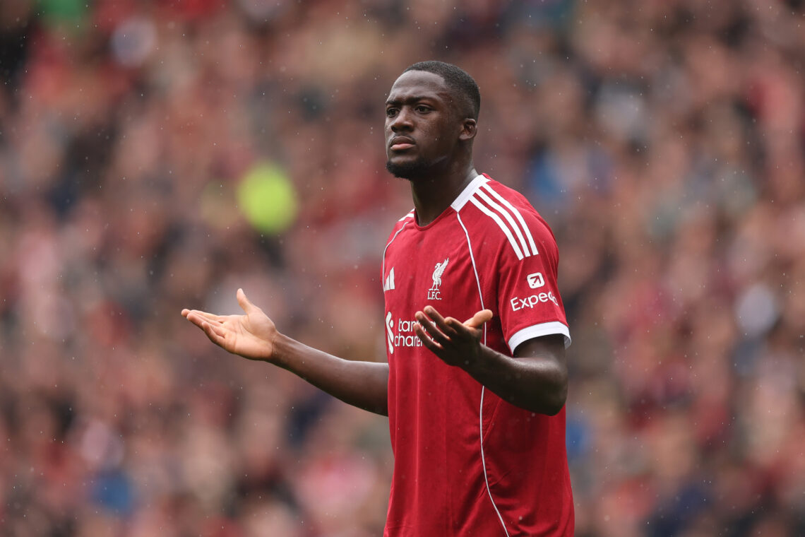 LIVERPOOL, ENGLAND - SEPTEMBER 20: Ibrahima Konate of Liverpool reacts during the Premier League match between Liverpool and Everton at Anfield on ...