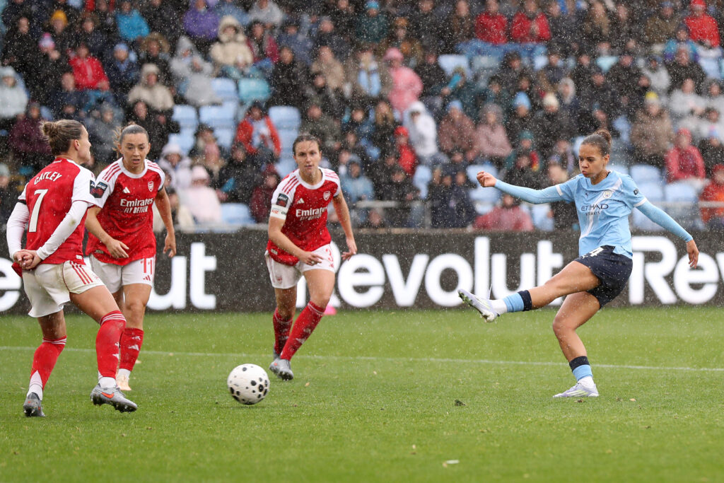 MANCHESTER, ENGLAND - OCTOBER 04: Iman Beney of Manchester City scores her team's third goal during the Barclays Women's Super League match between Manchester City and Arsenal at Joie Stadium on October 04, 2025 in Manchester, England. (Photo by Charlotte Tattersall/Getty Images)