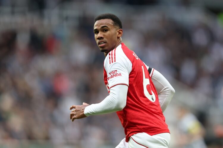 NEWCASTLE UPON TYNE, ENGLAND: Gabriel of Arsenal looks on during the Premier League match between Newcastle United and Arsenal at St James' Park on...