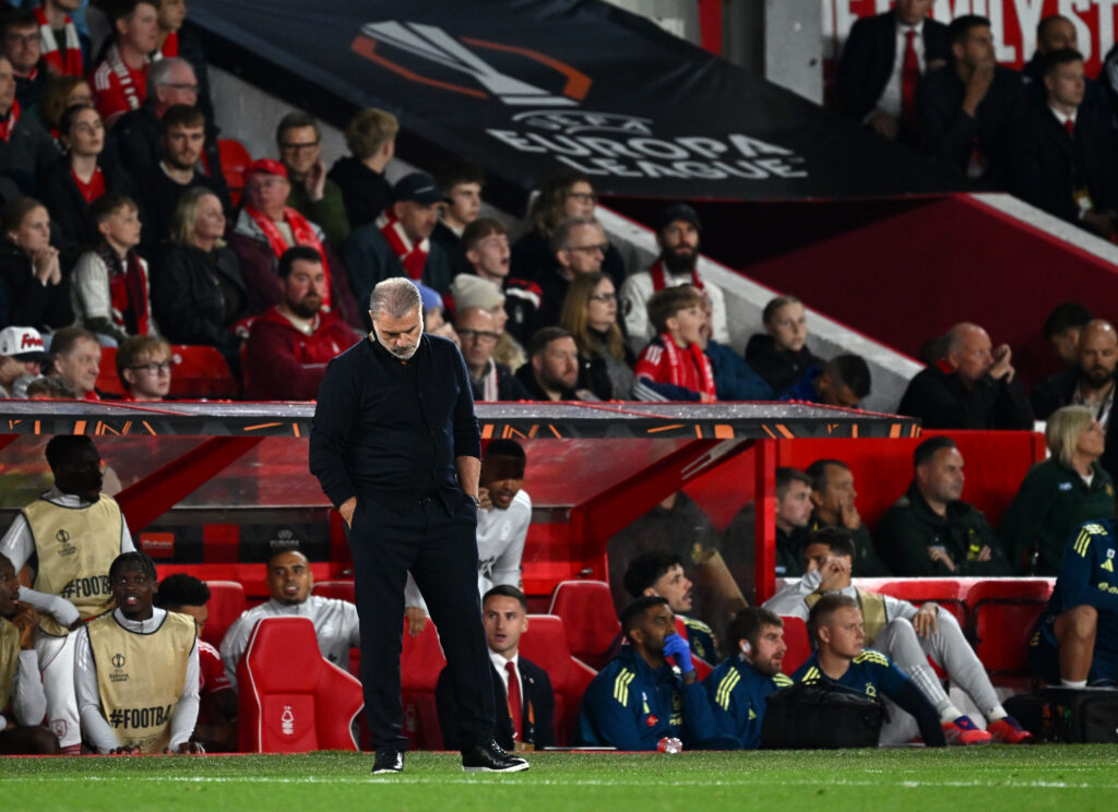 NOTTINGHAM, ENGLAND - OCTOBER 02: Ange Postecoglou, Manager of Nottingham Forest, looks dejected after his team concede their third goal during the UEFA Europa League 2025/26 League Phase MD2 match between Nottingham Forest FC and FC Midtjylland at City Ground on October 02, 2025 in Nottingham, England. (Photo by Gareth Copley/Getty Images)