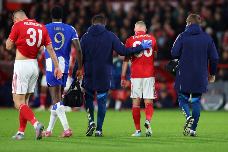 NOTTINGHAM, ENGLAND: Oleksandr Zinchenko of Nottingham Forest receives medical treatment and is substituted off during the UEFA Europa League 2025/...