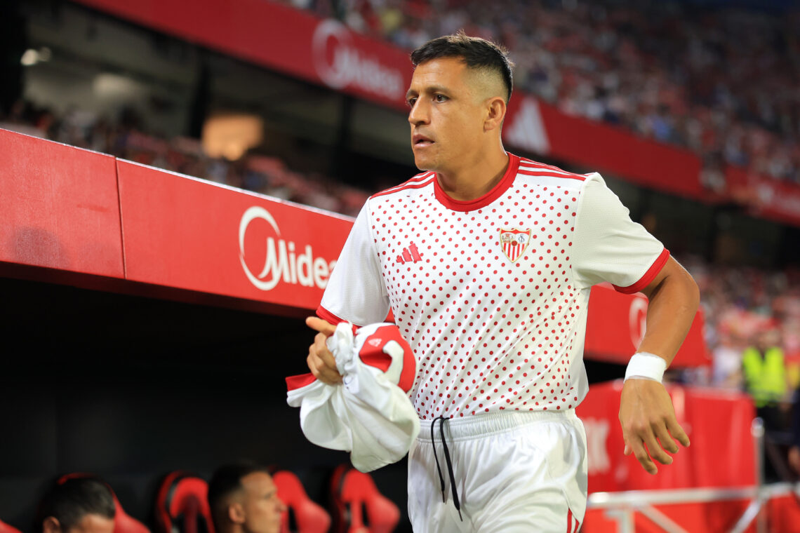 SEVILLE, SPAIN - SEPTEMBER 12: Alexis Sánchez of Sevilla FC looks on from the bench during the LaLiga EA Sports match between Sevilla FC and Elche ...