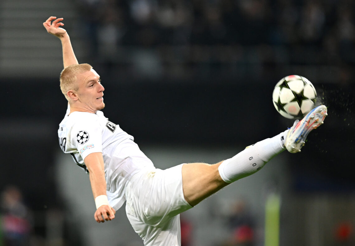 GRAZ, AUSTRIA - OCTOBER 02: Mika Biereth of SK Sturm Graz controls the ball in the air during the UEFA Champions League 2024/25 League Phase MD2 ma...
