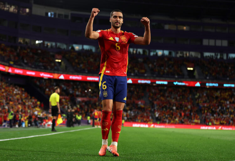VALLADOLID, SPAIN: Mikel Merino of Spain celebrates scoring his team's first goal during the FIFA World Cup 2026 qualifier match between Spain and ...