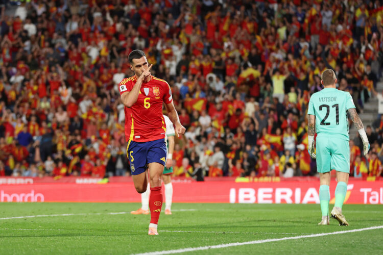 VALLADOLID, SPAIN: Mikel Merino of Spain celebrates scoring his team's first goal during the FIFA World Cup 2026 qualifier match between Spain and ...