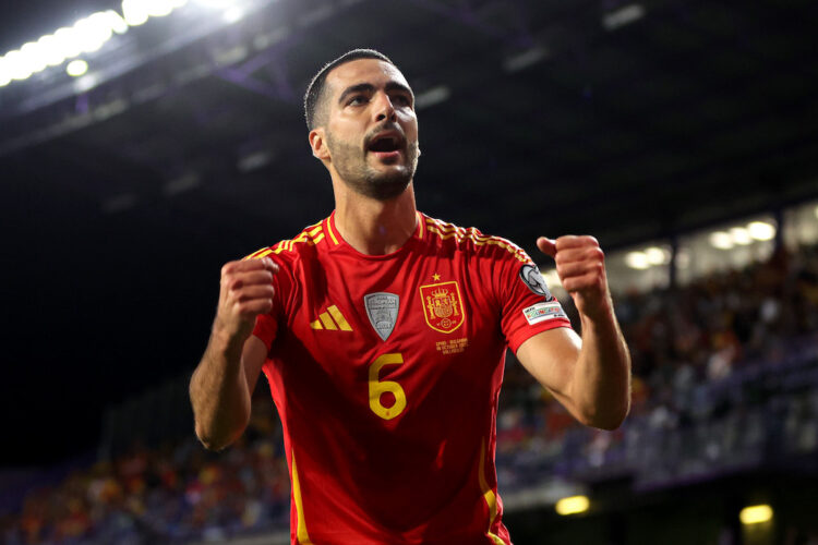 VALLADOLID, SPAIN: Mikel Merino of Spain celebrates scoring his team's second goal during the FIFA World Cup 2026 qualifier match between Spain and...