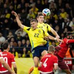 SOLNA, SWEDEN: Gustaf Lagerbielke and Viktor Gyokeres of Sweden during the FIFA World Cup 2026 qualifier match between Sweden and Switzerland at Strawberry Arena on October 10, 2025. (Photo by Michael Campanella/Getty Images)